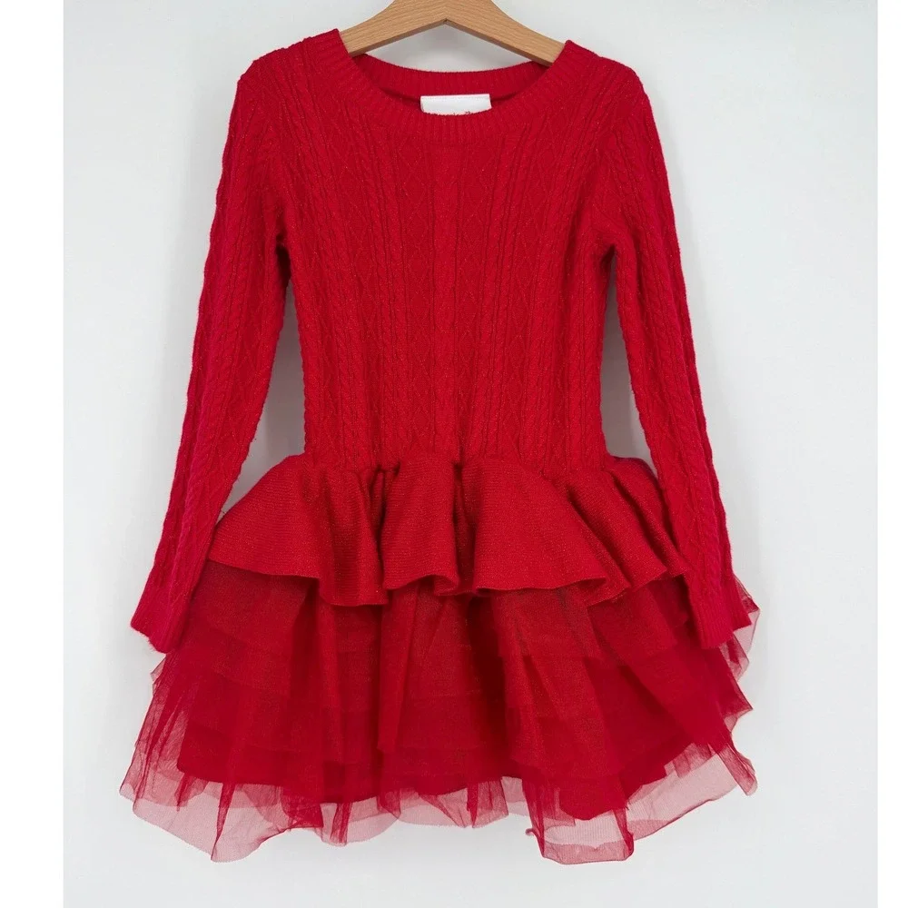 American Girl Red Crimson Sparkle Sweater Dress Sz 6 Cable Knit Tulle Skirt